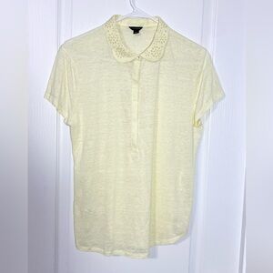Ann Taylor LINEN Eyelet Peter Pan Collar Blouse Pale Yellow Large